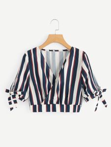 Striped Wrap Top with Tie Sleeves