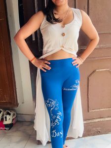 White Tunic &amp; Blue Printed Leggings