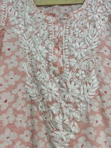 Peach Floral Printed Chikankari Embroidered Kurta
