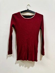 Maroon Ribbed Knit Long Sleeve Top