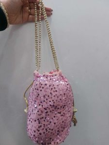 Pink Velvet Potli With Sequin Work &amp; Pearl Strings