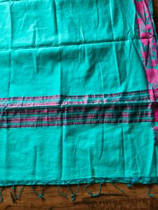 sea green n pink cotton silk saree with blouse