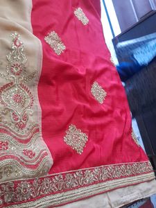 Cream Red Contrast Saree With Blouse Ready