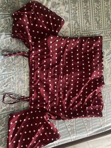 Maroon Polka Dot Cold Shoulder Top