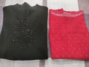 Red Boat Neck  And Dark Brown Sweater