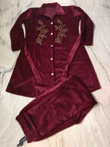 Maroon Velvet Embroidered Dress