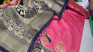 Premium Banarasi Pink &amp; Navy Saree