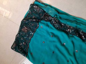 Sky Blue Heavy Net Work Saree With Blouse