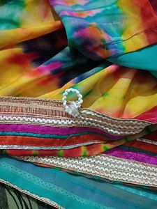 Cyan And Multi Colour Saree Without Blouse