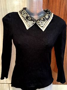 Korean Ribbed Black Embellished Collar Top❣️