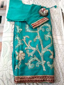 Teal Embroidered Saree