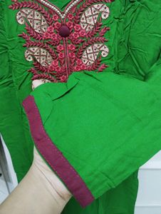 New Green Cotton Silk Kurta With Embroidery