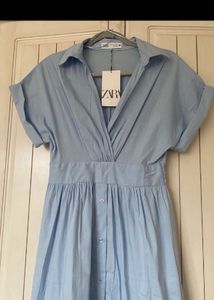 New One Zara Blue Short SleevesMidiShirt Dress