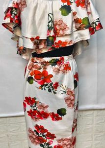 Floral Off Shoulder Cord Set With Pencil Skirt