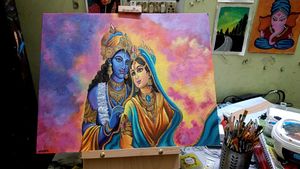 Krishna Radha Canvas Painting On 16×20 Inches