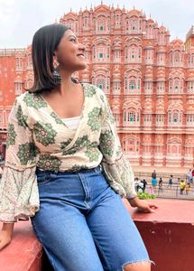 White Green Printed Bohemian Wrap Top