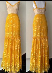 FOXIEDOXTwo-tone Crochet Maxi Gown In Yellow/ivory