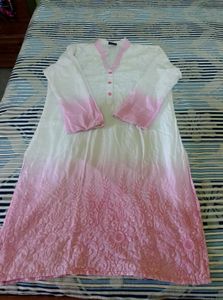 Pink &amp; White Embroidered Kurti Set