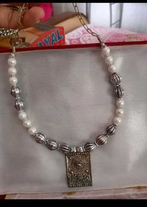 Pearl & Silver Necklace With Grey Earrings