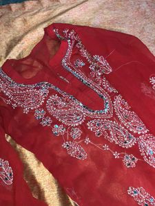 Red Embroidered Chikan Kurti