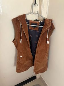 Denim Unisex Drawstring Hooded Vest Jacket