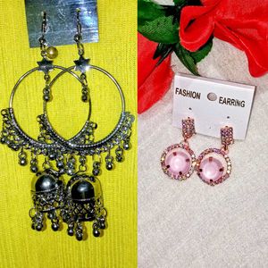 Combo Set Of 2 Pink DropEarrings & Metallic Jhumka