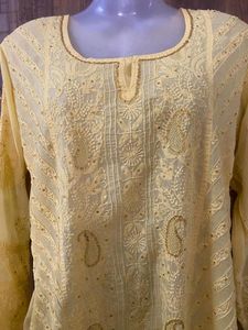 Chiffon Yellow Chikankari Embroidered Kurta