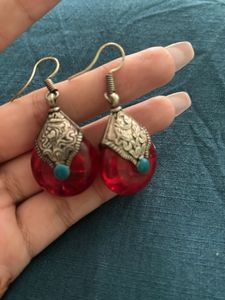 Red Teardrop Turquoise Accent Earrings