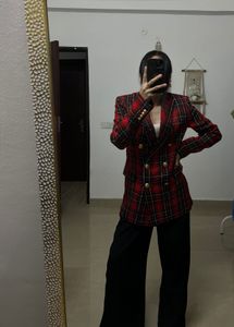 ZARA RED Checked Double Breasted Blazer