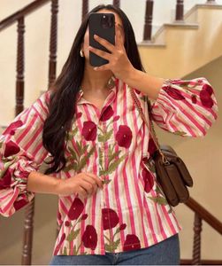 pink poppy print striped shirt