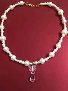 Pearl Bead W Butterfly&amp;Teardrop Pendant Necklace