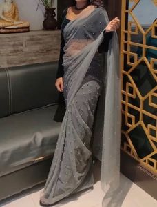 Elegant Grey Net Pearl Saree with Blouse