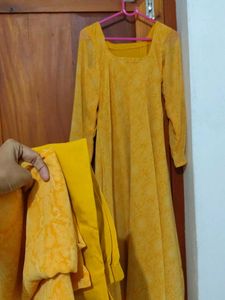 M/L Size Yellow Long Sleeve Anarkali Dress with Sh