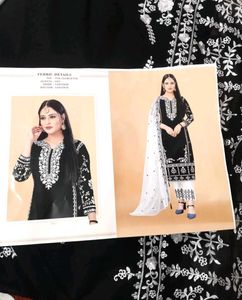 Semi Stitched Black Embroidered Suit