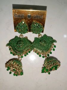 Traditional Ethnic Long Green Earrings