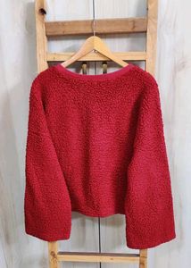 Red Fuzzy V-Neck woolen Top size-42