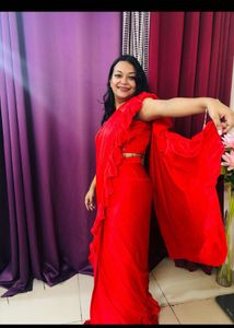 Elegant Red Ruffle Saree Made to Order