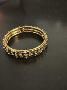 Set Of 2 Bangles Golden With Green Studs Design