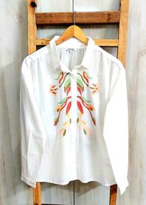 Embroidered White Cotton Shirt Size-46-48