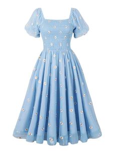 Pretty Floral Embroidery Puff Sleeve Dress