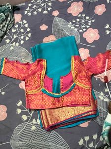 Teal &amp; Gold Saree with Blouse