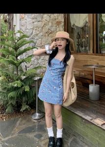 blue gingham printed micro mini dress