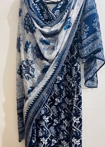 Navy Floral Sleeveless Tunic Kurta Set With Dupatt