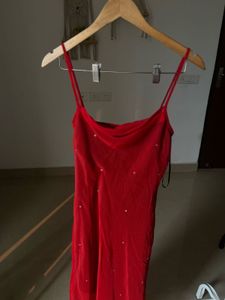 RED CHIFFON SLIP MIDI  DRESS