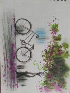 Bike and Nature oil pastel handmade painting