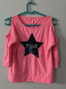 Bright pink sequence embellished cold shoulder top