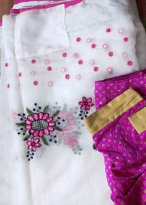 Beautiful White Pink Saree With Blouse
