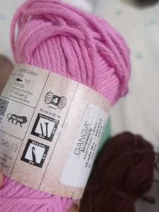 thick crochet yarn, lavender, green, brown
