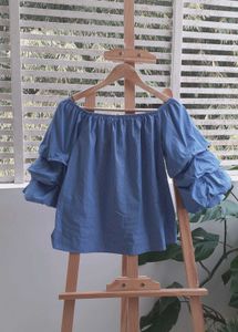 Blue Ruffle Sleeve Off-Shoulder Top