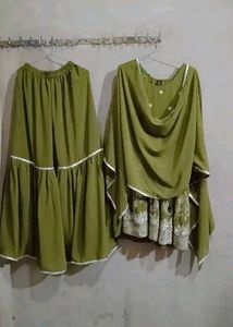 Olive Green Embroided Kurti With Garara &amp; Dupatta